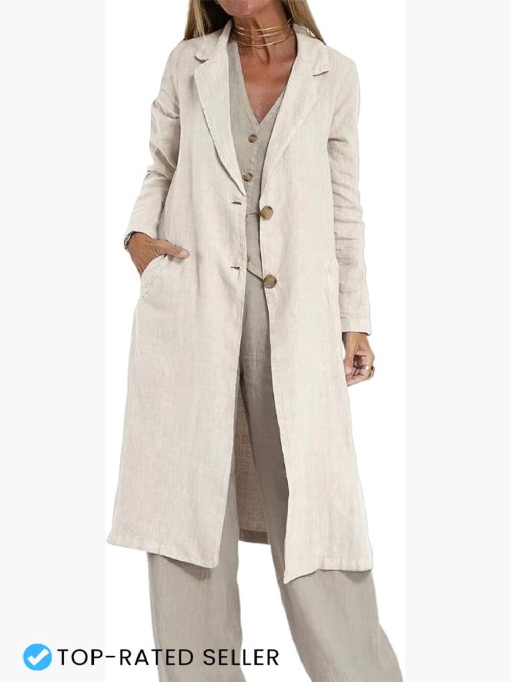 Long Linen Blazer Lightweight Casual Trench Coat Knee Length Button Front Notch